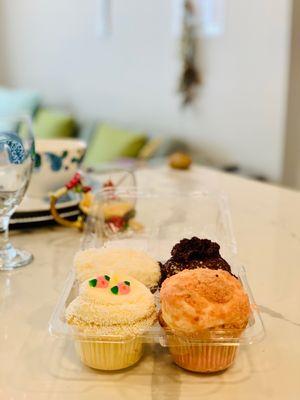 Coconut Cream, Black & White Milk Shake, Lemon Lemon (with pink & green flowers), and Strawberry Short Cake.