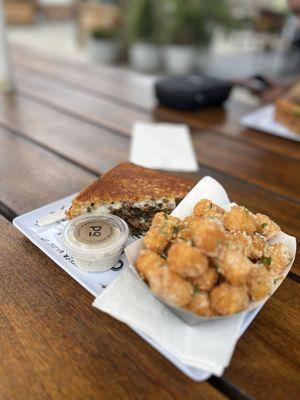 Texas Cheesesteak and Garlic Tots