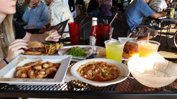 Crab soup, beer steamed shrimp;  crab burger and fries.