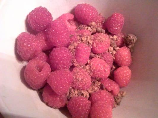 PERFECT raspberries with chocolate granola added - for today's breakfast