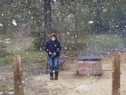 Snow flurries, fire, drinks in our hand.