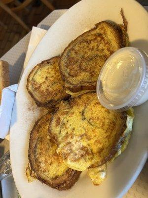 Cinnamon French Toast with cream cheese frosting. A family favorite.