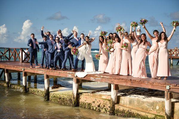 Royal blue groomsmen suits.