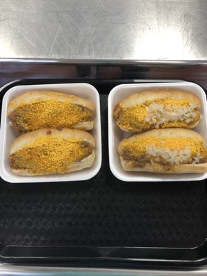 Cheese coneys - come with mustard, chili, cheese, and onions.