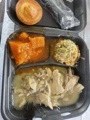 Chicken dressing, yams, broccli casserole, corn bread