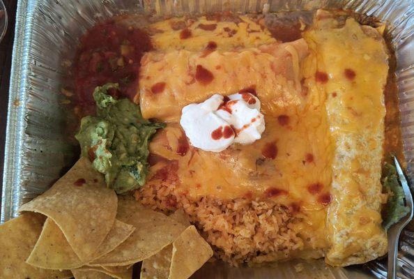 The three item combo with chicken enchilada, beef burrito and delicious tamale!