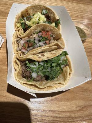 Pork, chicken, and Steak Tacos