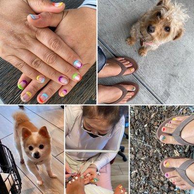 Rainbow unicorn mani pedi (double French, nail art on 2 toes) and Bambi the salon Pom plus Kuka.Mama