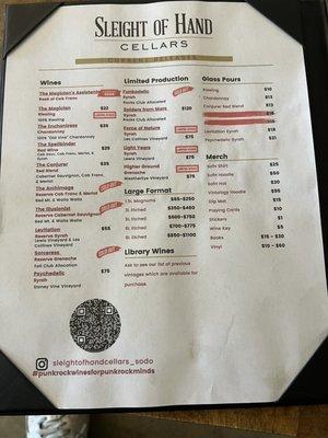 Current popular wine selection menu