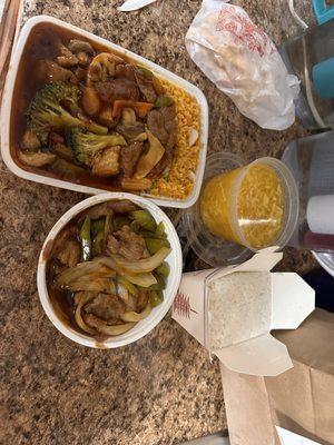 C23A. Szechuan Beef Combo Platter, Pepper Steak, Egg Drop Soup, and White Rice