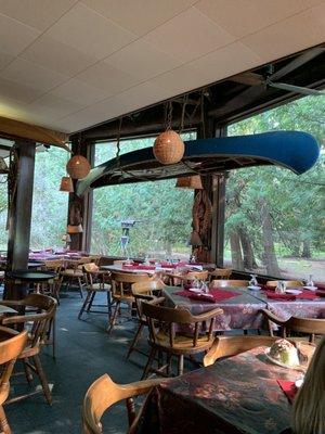 Interior of lodge style seating on the Cheboygan River.