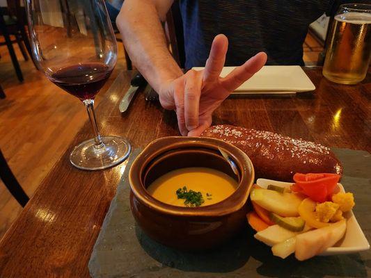 Rutabaga fondue with today's soft pretzel & yesterdays pickles