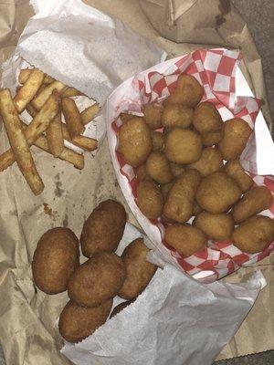 Fries, mini corn dogs and cheese curds