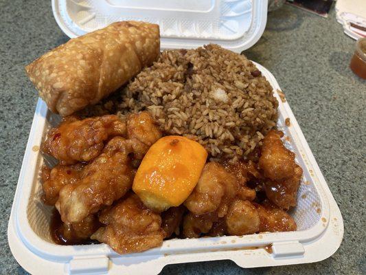 Orange chicken, egg roll and rice.