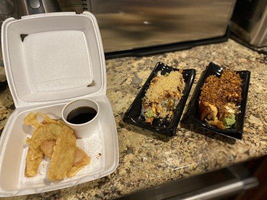 (Left to right) vegetable tempura, firecracker roll, fire dragon forbidden rice roll. Took this picture when we got home!