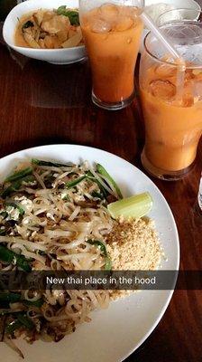 Shrimp pad thai and Thai iced tea