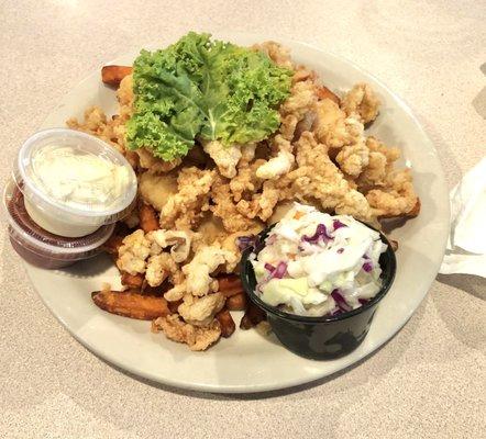 Daily special   Fried clams, grouper and shrimp. Served on a bed of fries with slaw on the side.