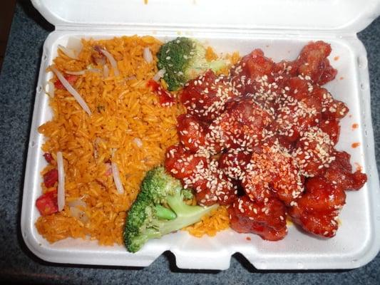 Sesame Chicken combo platter, at Wah Lung's in Bristol, CT.