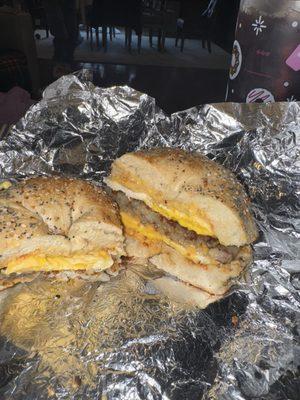 Sausage egg and cheese on everything bagel