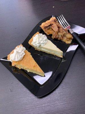 The pie flight! What an idea! Pecan, buttermilk, and jalapeño key lime. Let's eat!