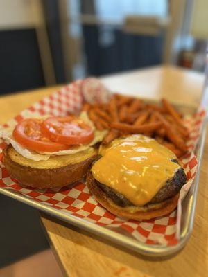 Classic burger with sweet potato fries.