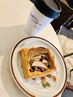 Vegan pear tart with a *happy* Matcha Vinyasa (also vegan).