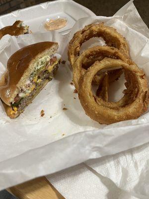 Old Fashioned burger and Onion Rings