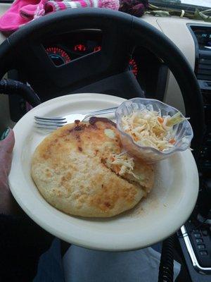 Pupusa Rebuelta de queso,  chicharrón,  and frijoles with slaw and salsa, Muy Rico!