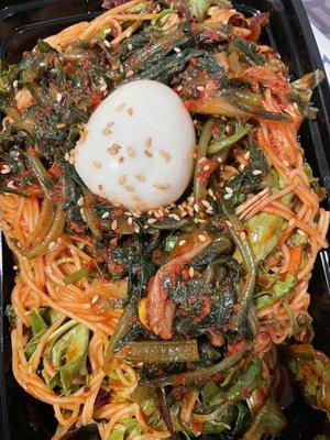 Spicy cold bibim noodle with radish kimchi