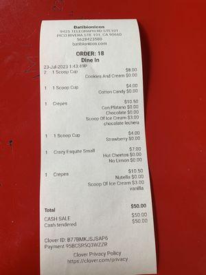 Receipt regarding pricing for crepes , crepes without fruit are $ 10.00 plus any add on