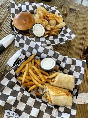 Buffalo chicken wrap and bacon Brie burger