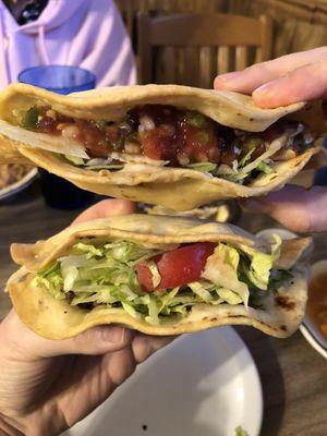 Fried tacos are popular here. Doctor it up with complimentary salsa.