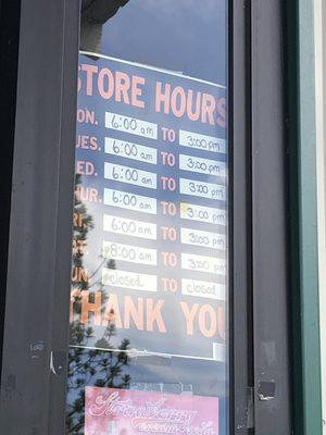 Hours of operation. Closed on Sundays.