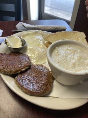 Grits, eggs, sausage and toast