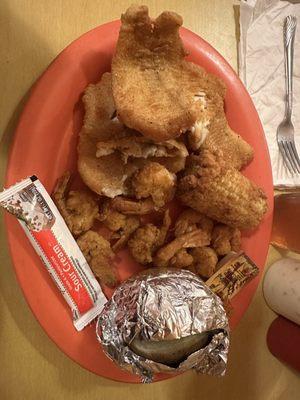 Flounder, shrimp, fried corn on the cob, baked potato