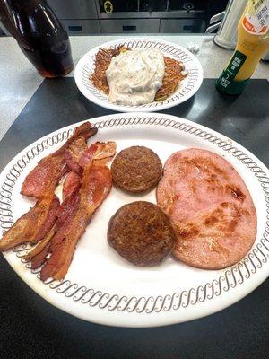 Ham, bacon, sausage, hashbrowns w the works