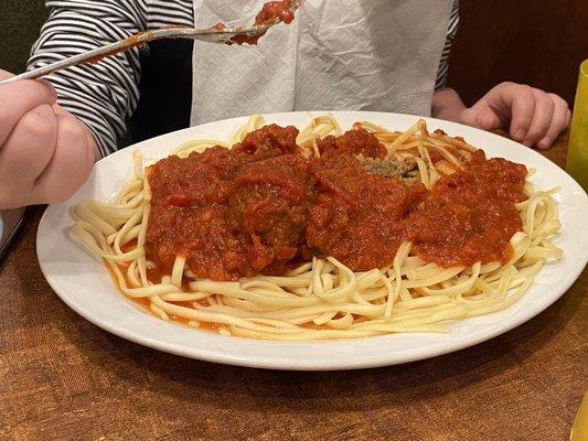 Kids menu spaghetti and meatballs. The portion is huge and could feed 2 kids.