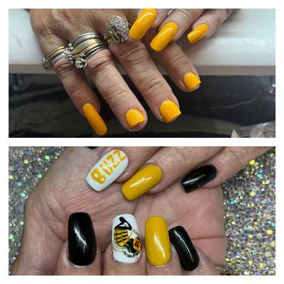 Before and after : this client had gotten her nails done elsewhere two days prior and we soaked off and fixed her right up