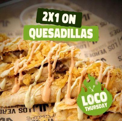 Our weekly special is here! Buy 1 get 1 free on Quesadillas.  : . Offer valid online/app only.