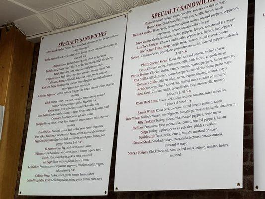 Specialty sandwiches menu