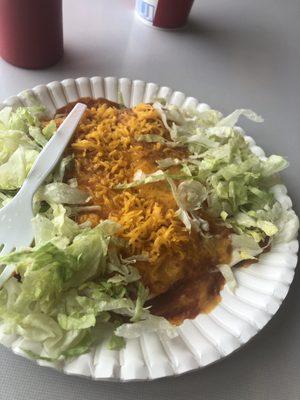 Two bean enchiladas, not microwaved to perfection.