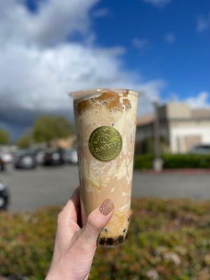 Tiger Milk Tea (Milk Tea with Brown Sugar Boba and Brown Sugar Creamy Puff Cream Topped with Whipped Dalgona)