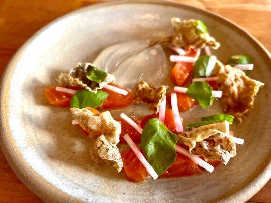 Crudo of Lightly Smoked Trout, Radish Aspic