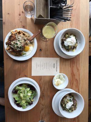 Chicken and Waffles, Brisket and Hash, Little Gem Salad