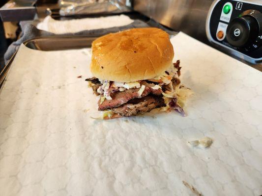 Brisket sandwich with slaw.