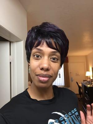 I have long thick hair, but I love wearing cute short cuts.  The display was in red, asked for purple and voila!  I love it!