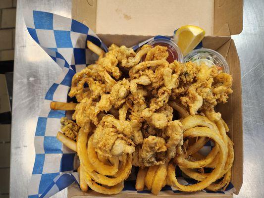 Fried clam plate fries onion  rings coleslaw homemade tartar sauce