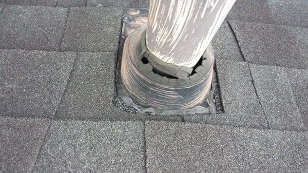 Plastic type pipe flashing, dry rotted. Common cause of roof leaks and interior home damage in roofs over 10 years old.