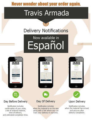 Travis Roofing Supply send delivery notifications the day before, the day of, and upon delivery. Never wonder where your order is!