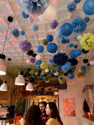 Bar area decorated ceiling.